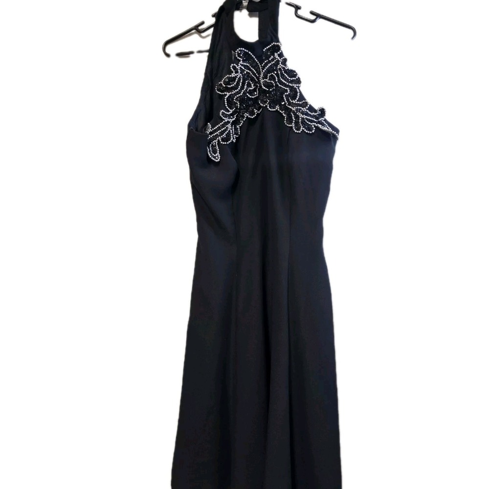 Dave & Johnny Vintage 90s Black Beaded Halter Dress Lined Size 9/10